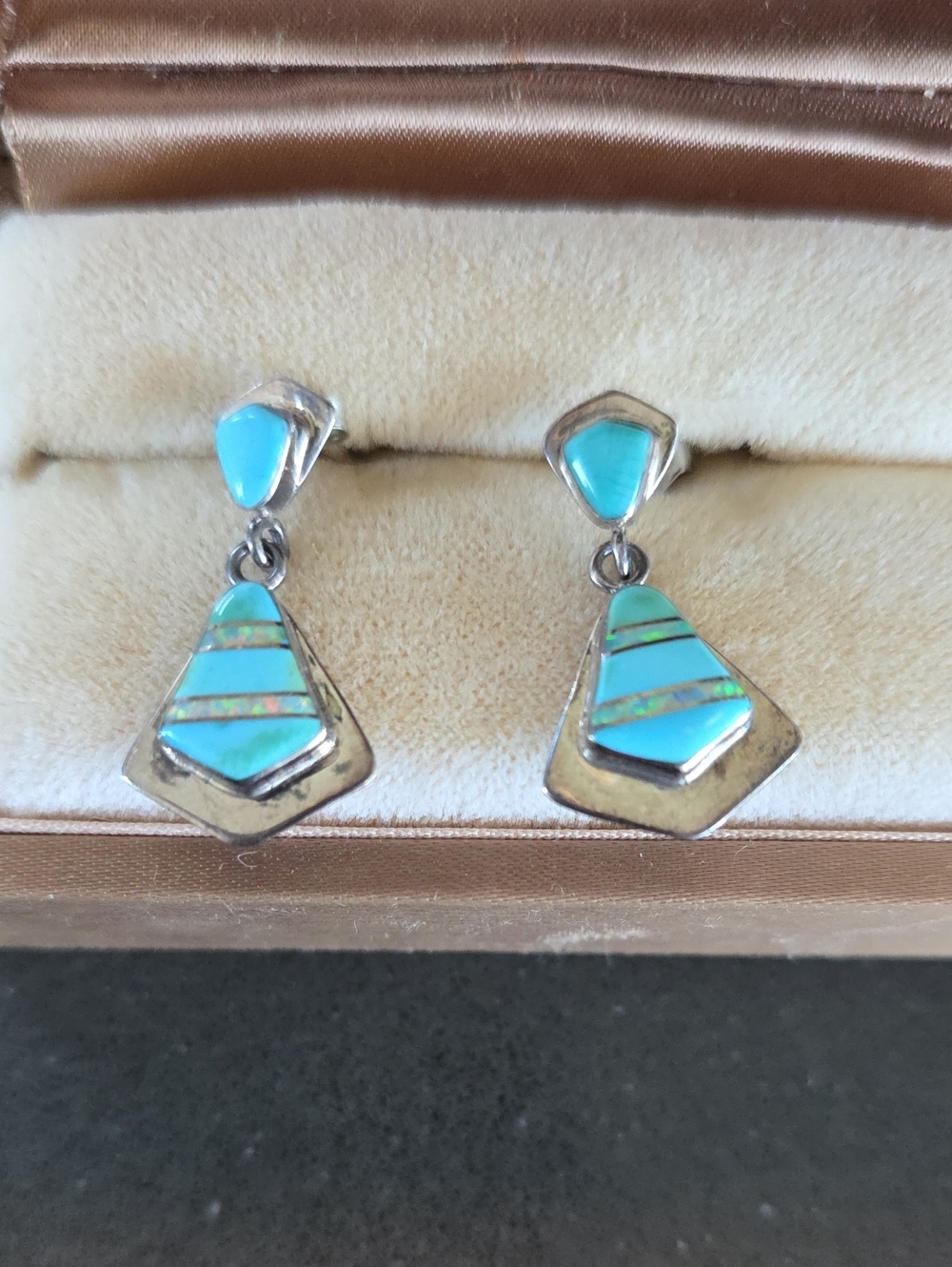 Sterling Silver Native American Turquoise and Opal Inlay Earrings